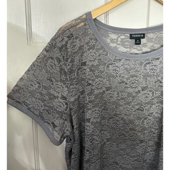 Torrid Gray Floral Lace Short Sleeve Top Boho Festival Fairy Size 3X Stretch - Picture 4 of 8